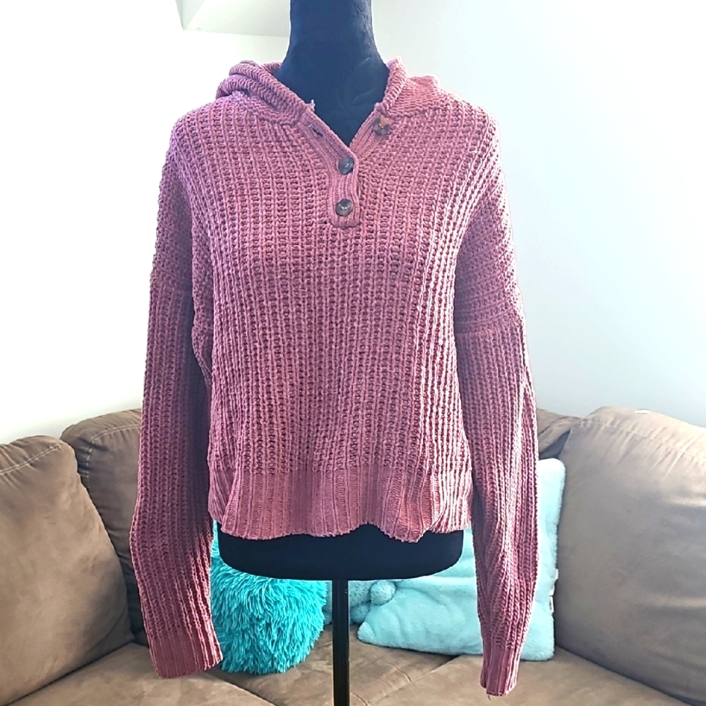 Poof! Pink Hooded Sweater Chenille Chunky Knit, Womens Medium